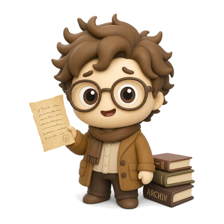Ralf mit Büchern und vergilbtem Zettel, der Archivar